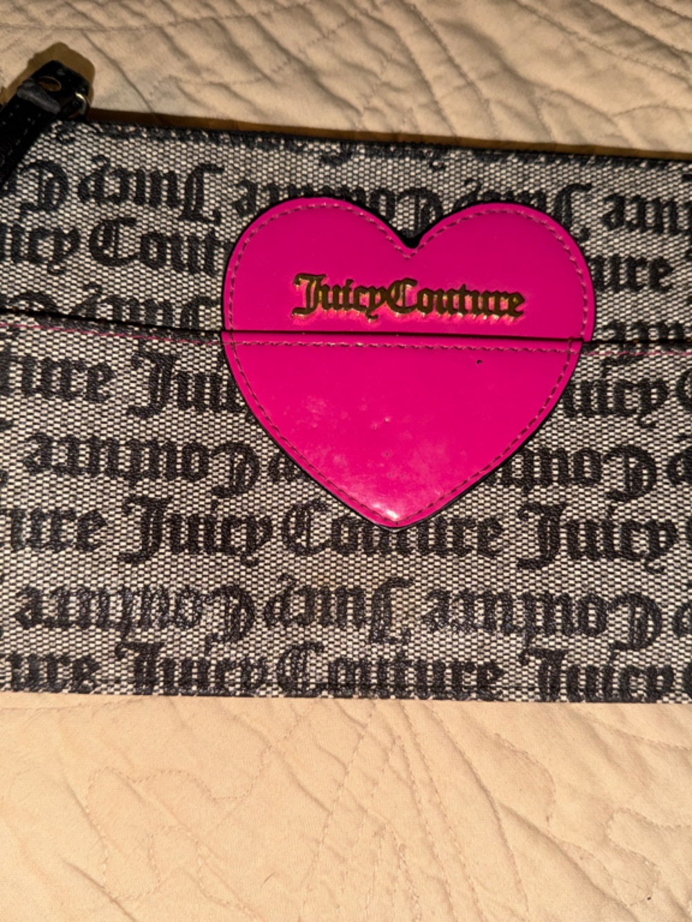 Juicy Couture Gray Logo Wristlet with Pink Heart Accent